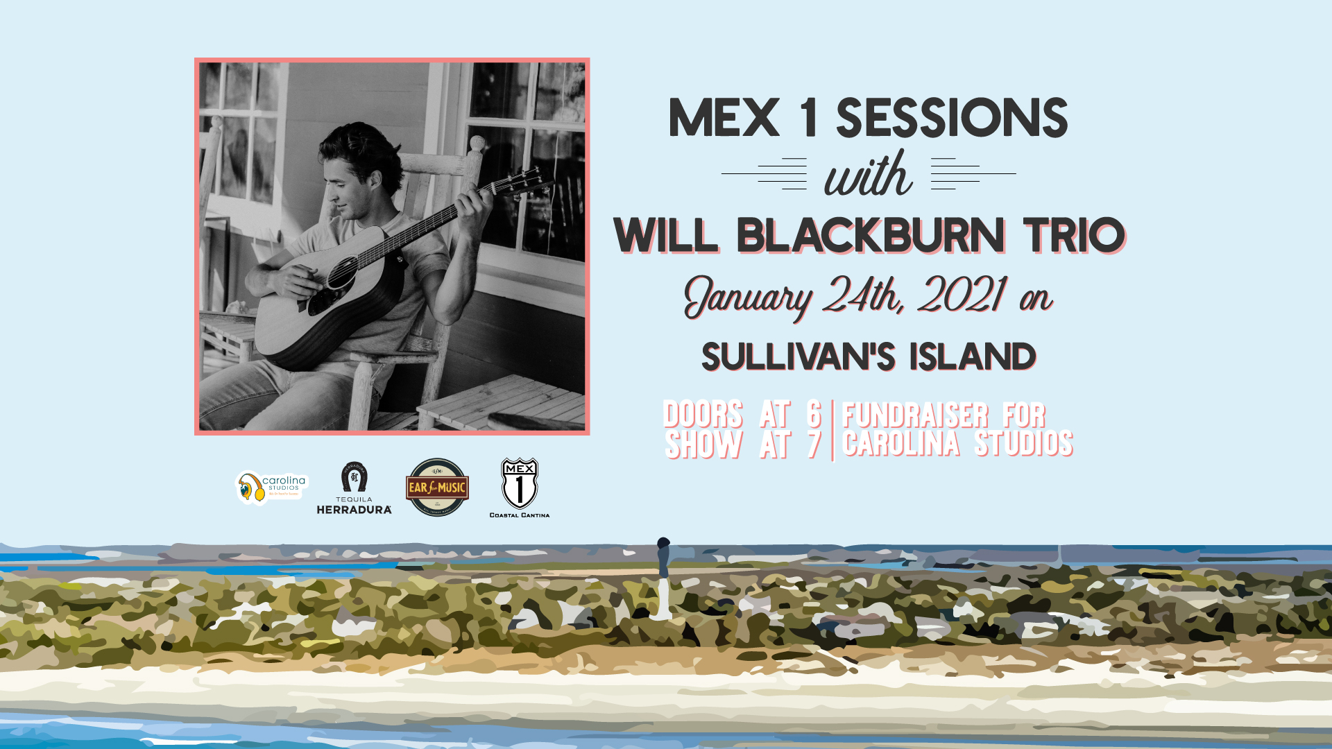 Live Music poster for our Mex 1 Sessions with Will Blackburn Trio on Sunday, January 24th at 7pm