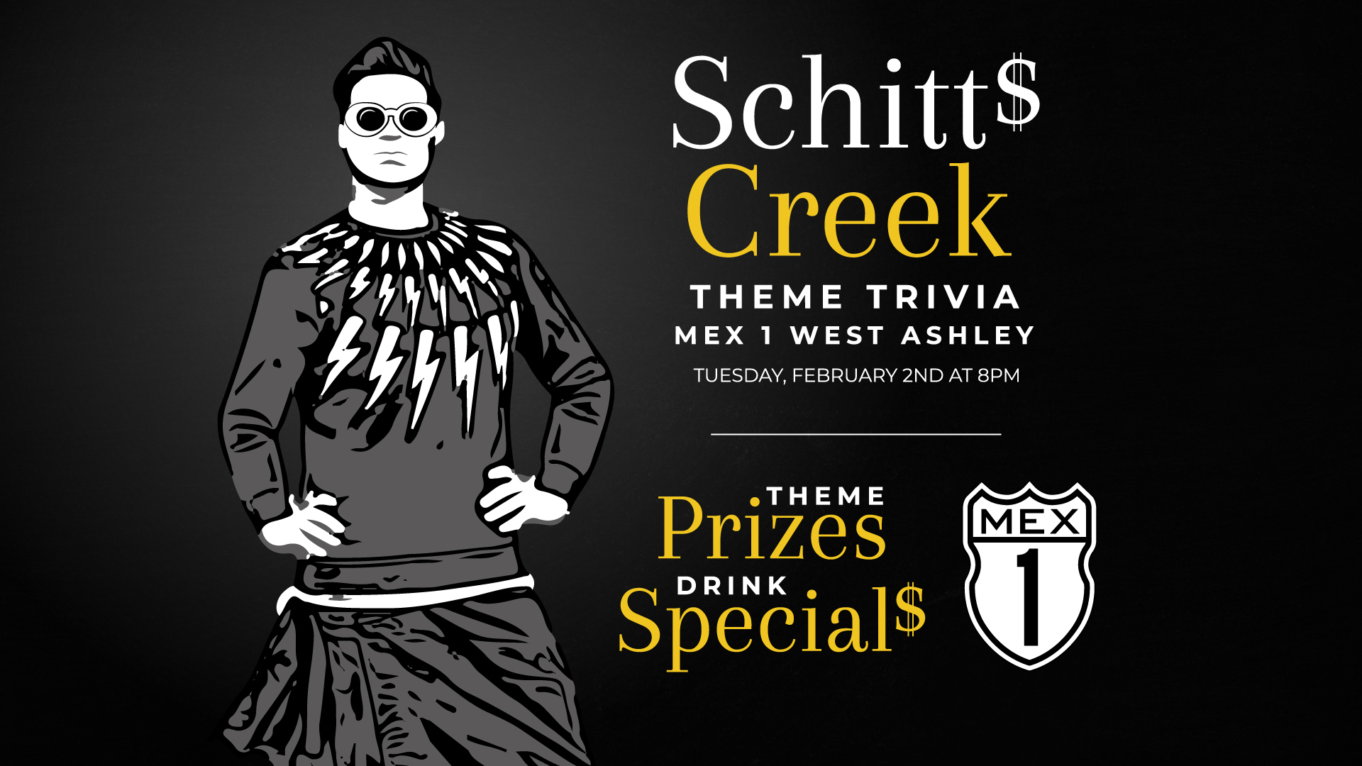 Schitts creek theme trivia at Mex 1 West Ashley on Tuesday, February 2nd at 8pm